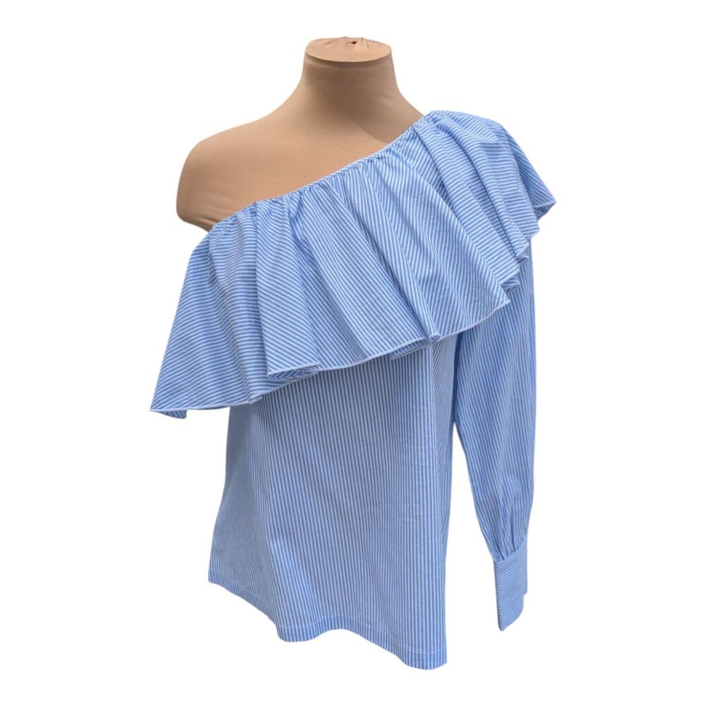 Loft Blue White Striped One Shoulder Blouse Women's Size XXS OfficeSiren Preppy